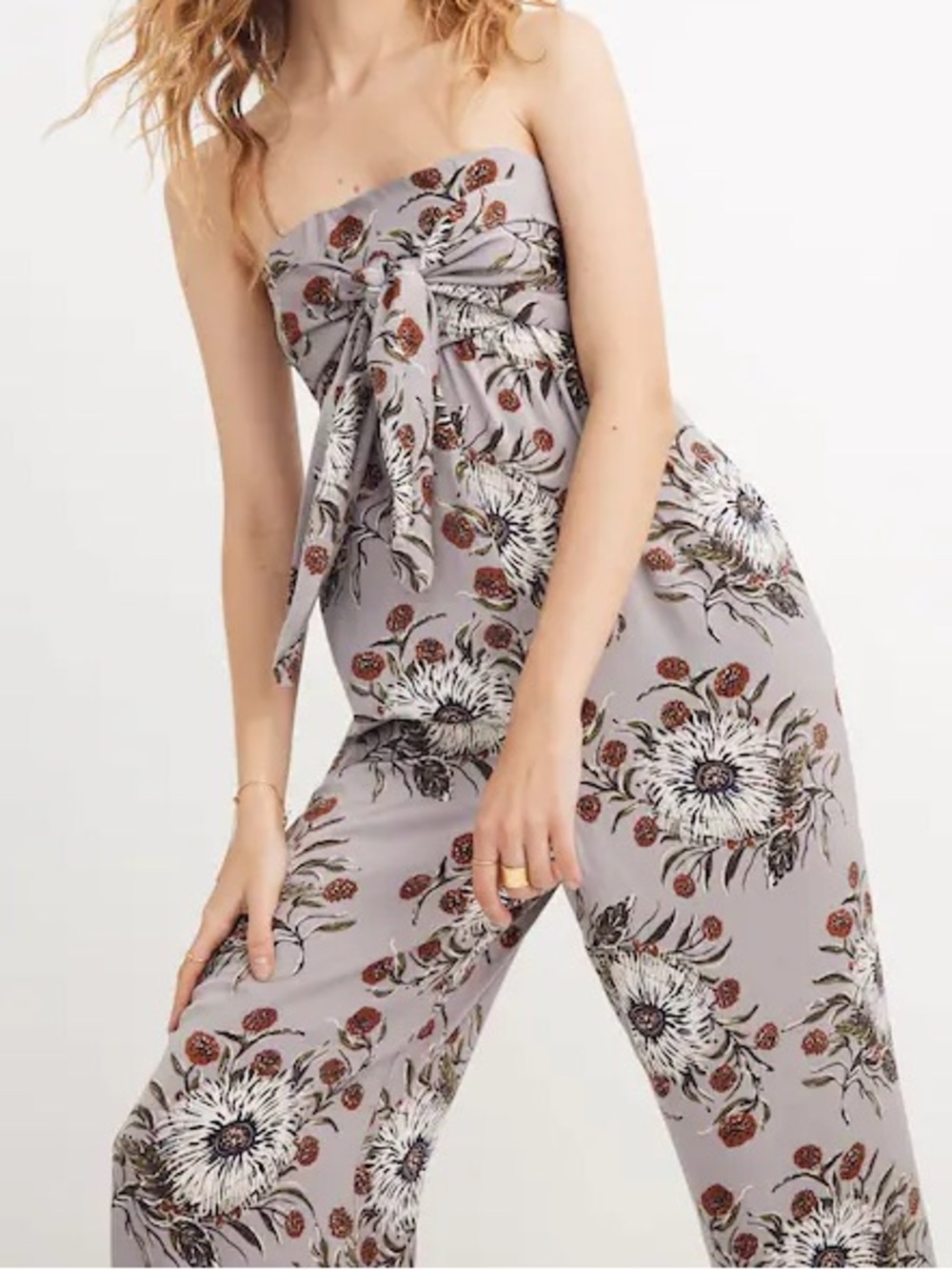 Madewell Strapless Tie-Front Jumpsuit Painted Blooms Floral Wide Leg Satin 00